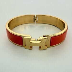 Hermes Click H Logo Gold Plate Orange Enamel Bangle Bracelet Authentic